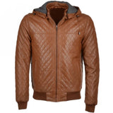 Mens tan leather bomber quilted jacket with hood