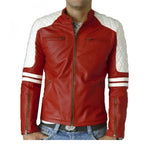 Red Motorbike Style Quilted Leather Jacket For Men
