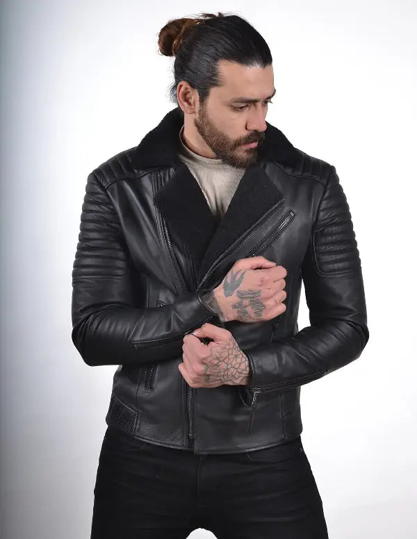 Shearling Black Leather Jacket For Men