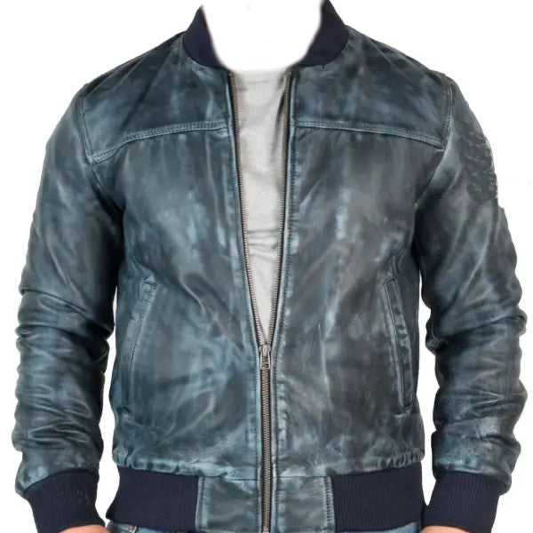 Blue Vintage Bomber Leather Jacket For Men