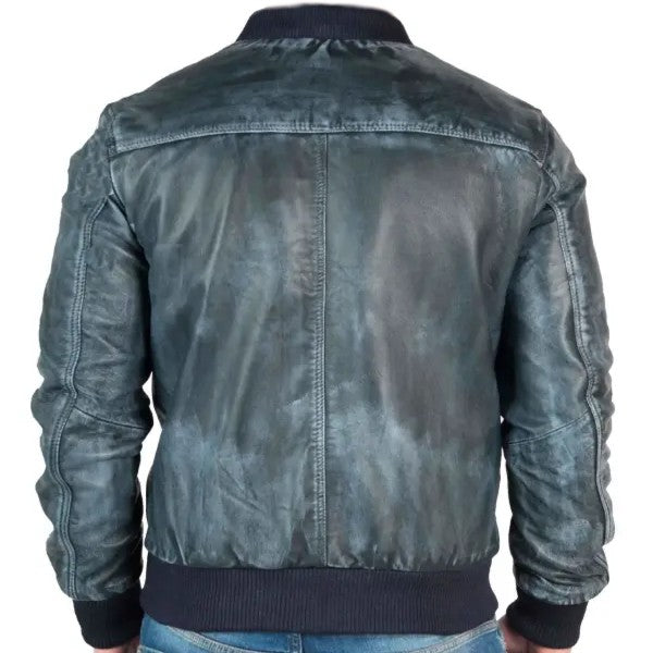 Blue Vintage Bomber Leather Jacket For Men