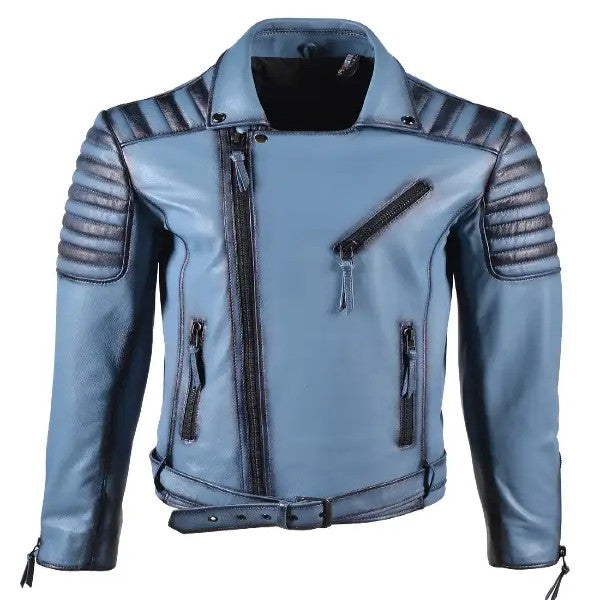 Vintage Mens Biker Style Blue Leather Jacket