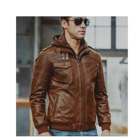 Men Distressed Brown Leather Motorcycle Jacket with Removable Hood
