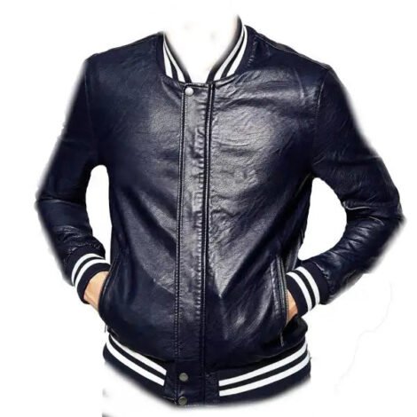 Mens Bomber Blue Leather Biker Jacket