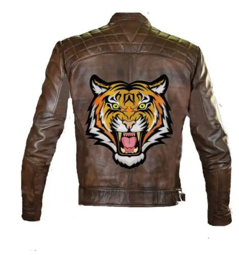 Mens Cafe Racer Brown Tiger Motorcycle Biker Leather Jacket