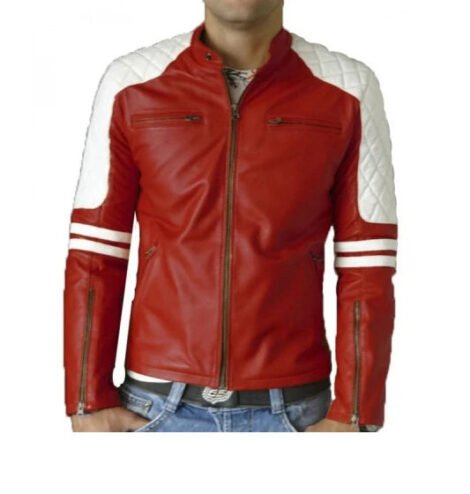 Red Motorbike Style Quilted Leather Jacket For Men